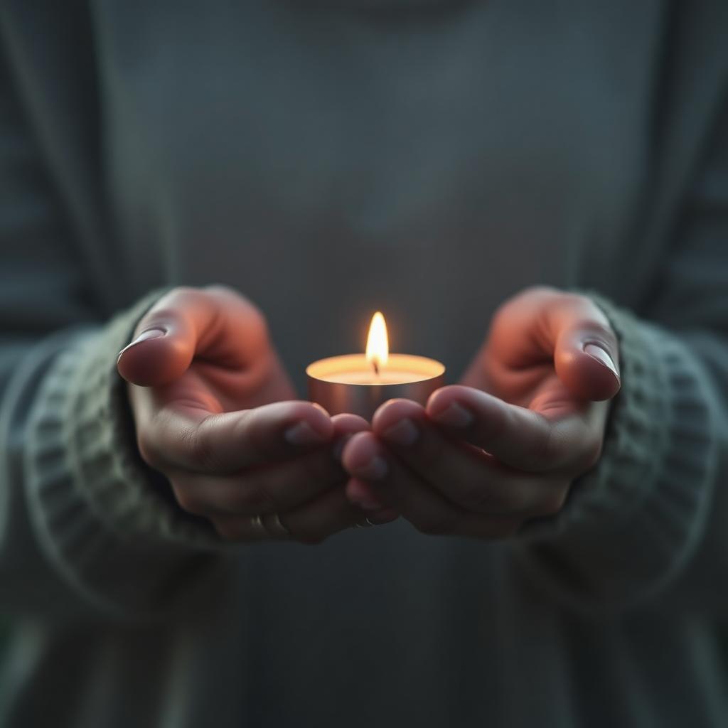Open hands cradling a small warm candle at dusk