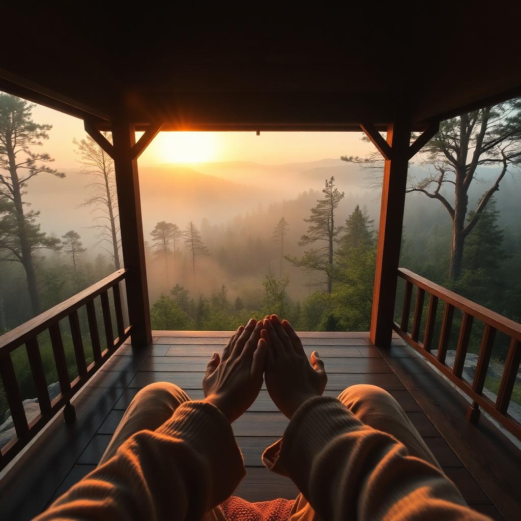 Hands resting on lap during meditation overlooking a misty forest at sunrise