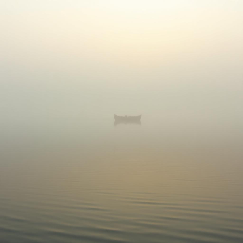 Still misty lake at dawn with a distant boat