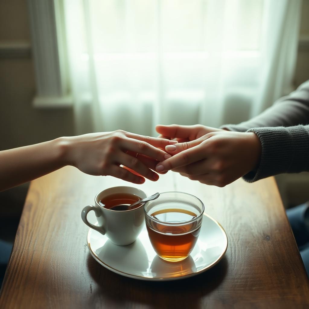 Two hands gently reaching across a wooden table with warm tea — support for a loved one