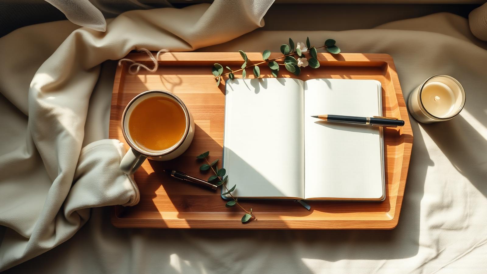 A wooden tray with herbal tea, an open journal, eucalyptus and a candle in soft morning light
